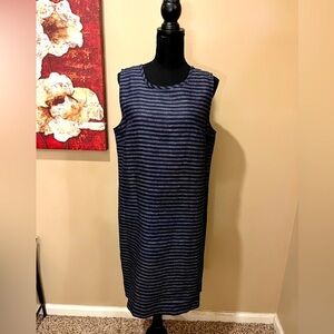 J Jill Love Linen Navy Blue Stripe 100% Linen Midi Dress m, Size Medium